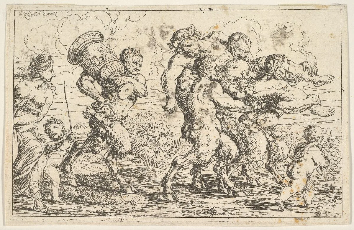 Three satyrs carrying the drunken Silenus, preceded by a putto carrying grapes; behind them a satyr carrying a large vessel, a putto, and a bare-breasted woman — Jonas Umbach