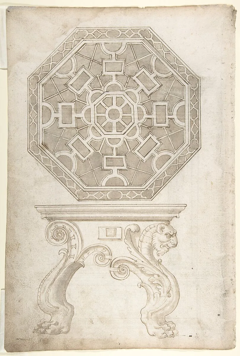 Design for an Octagonal Table and Top (Recto); Design for altar or tomb monument (Verso) — Anonymous, Italian, 16th century