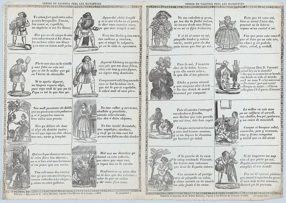 Two sheets (printed as one) with verses in Valencian for masquerades — Rafael Mariana
