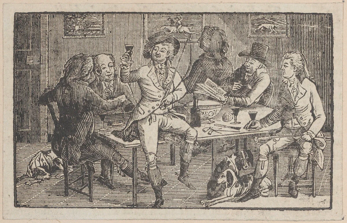 Men seated around a punch bowl, with a hunter offering a toast — Thomas Rowlandson|Thomas Bewick