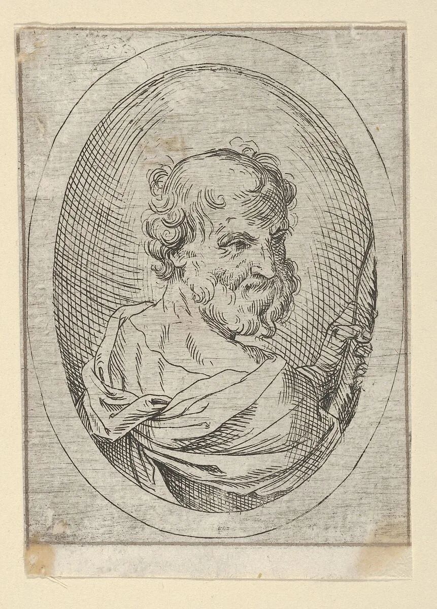 Saint Simon seen from behind, turning to the right and holding a saw, in an oval frame, from Christ, the Virgin, and Thirteen Apostles — Guido Reni|Anonymous, 17th century