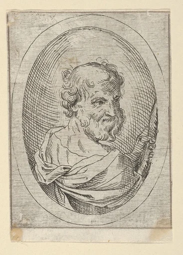 Saint Simon seen from behind, turning to the right and holding a saw, in an oval frame, from Christ, the Virgin, and Thirteen Apostles