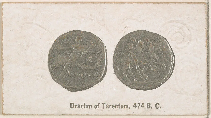 Drachm of Tarentum, 474 B.C., from the Ancient Coins series (N180) issued by Wm. S. Kimball & Co. — William S. Kimball & Company