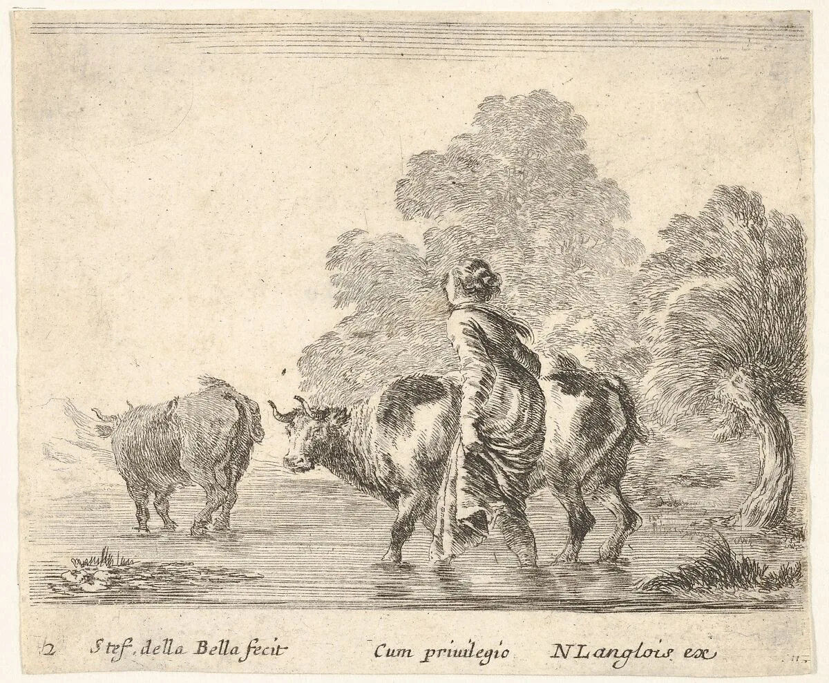 Plate 2: a peasant woman herds two cows across a stream, walking towards the left, from 'Diversi capricci' — Stefano della Bella|Nicolas Langlois