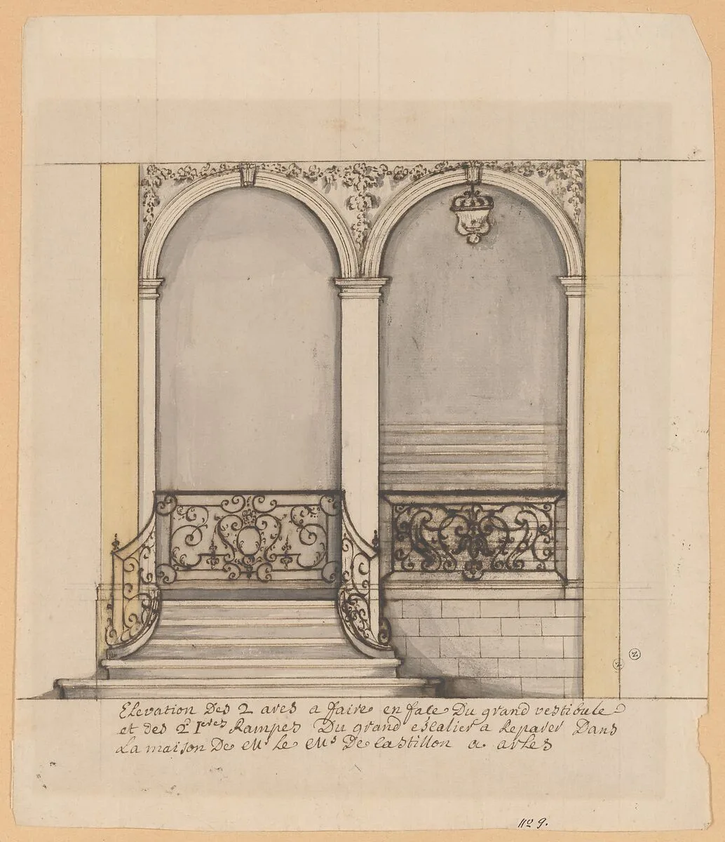 Elevation for a stairway and a second en suite drawing (unmatted): design for ironwork balustrade — Anonymous, French, 18th century