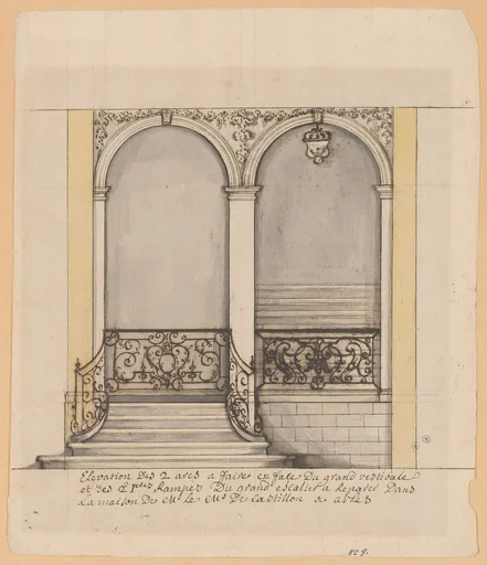 Elevation for a stairway and a second en suite drawing (unmatted): design for ironwork balustrade