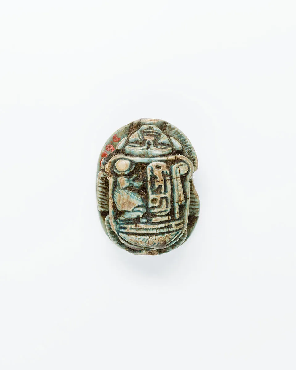 Scarab with ornate back including prenomen of Ramesses II and the phrase beloved of Maat and Thoth — Unknown
