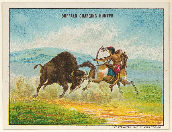 Buffalo Charging Hunter, from the "Indian Life in the 60's" series (T73), issued with Hassan Cork Tip Cigarettes by the American Tobacco Company — American Tobacco Company