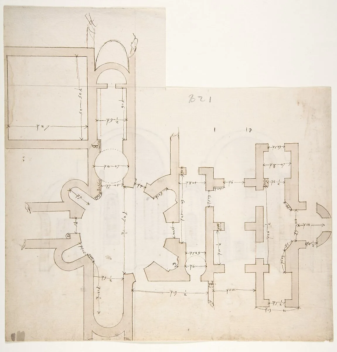 S. Giovanni Laterano, Centocelle, plan (recto) S. Giovanni Laterano, Centocelle, section (verso) — Anonymous, French, 16th century