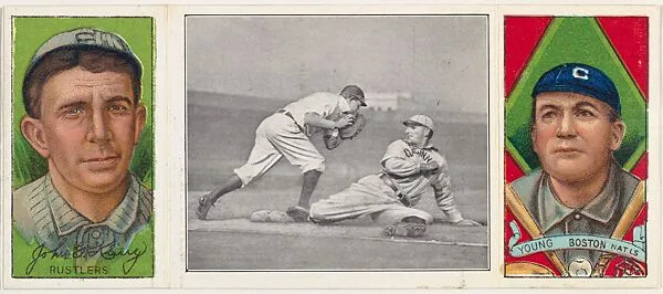 "Lobert Almost Caught," with John Kling and Denton T. Young, from the series Hassan Triple Folders (T202) — Hassan Cigarettes