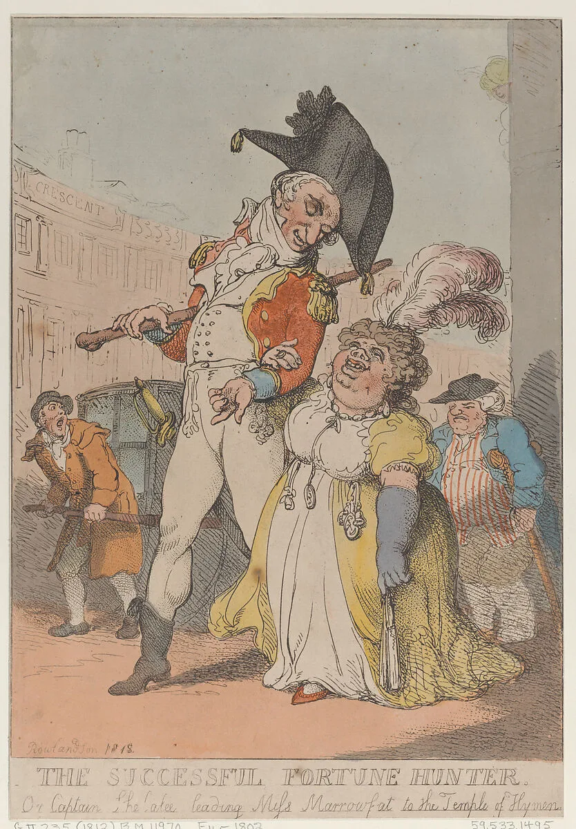 The Successful Fortune Hunter, or Captain Shelalee Leading Miss Marrowfat to the Temple of Hymen — Thomas Rowlandson