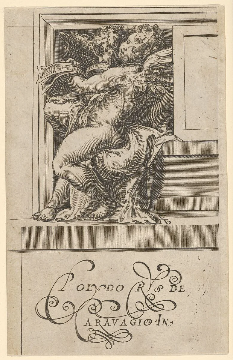 Two seated angels, facing left, reading from a song book, from The Angels' Concert — Cherubino Alberti (Zaccaria Mattia)|Polidoro da Caravaggio