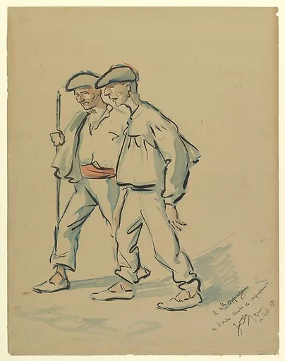 Two Old Men Dressed in Basque Costumes Walking