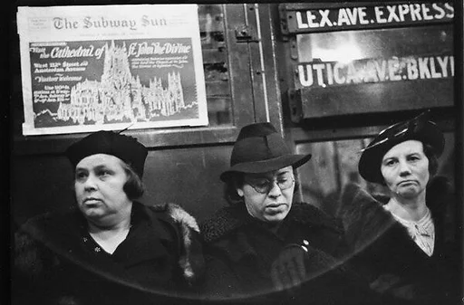 [Five 35mm Film Frames: Subway Passengers, New York City: Three Women in Hats, Women and Man Beneath "7th Ave Express" Sign]