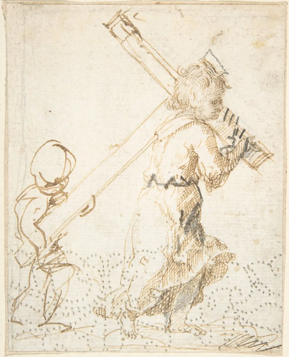 Christ Child and Secondary Child Figure Bearing the Cross (recto); Fragment of Design for Ornamental Border (verso) — Anonymous, Spanish, School of Seville, 17th century