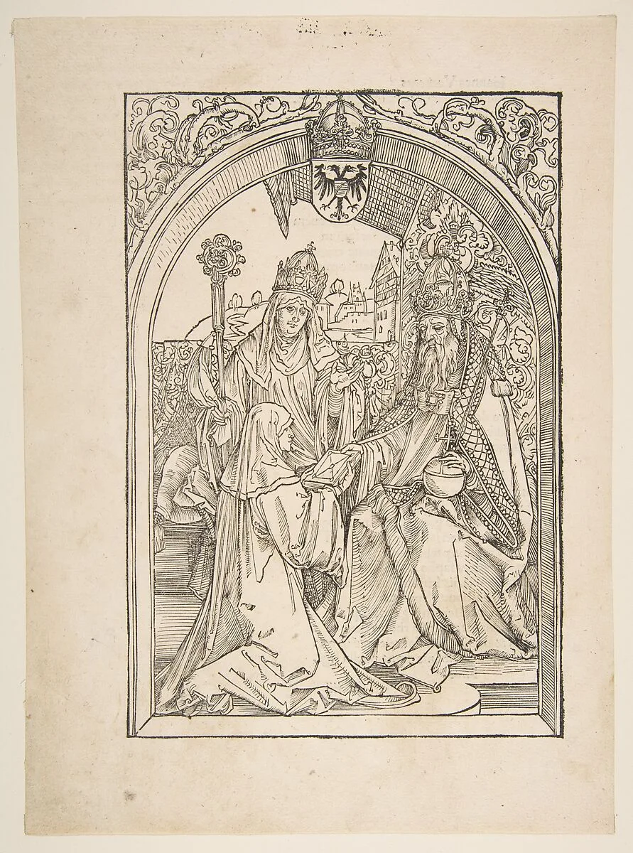 Rosvitha Presenting the Comedies to the Emperor Otto I. illustration from the Opera Hrosvita, 1501 — Albrecht Dürer