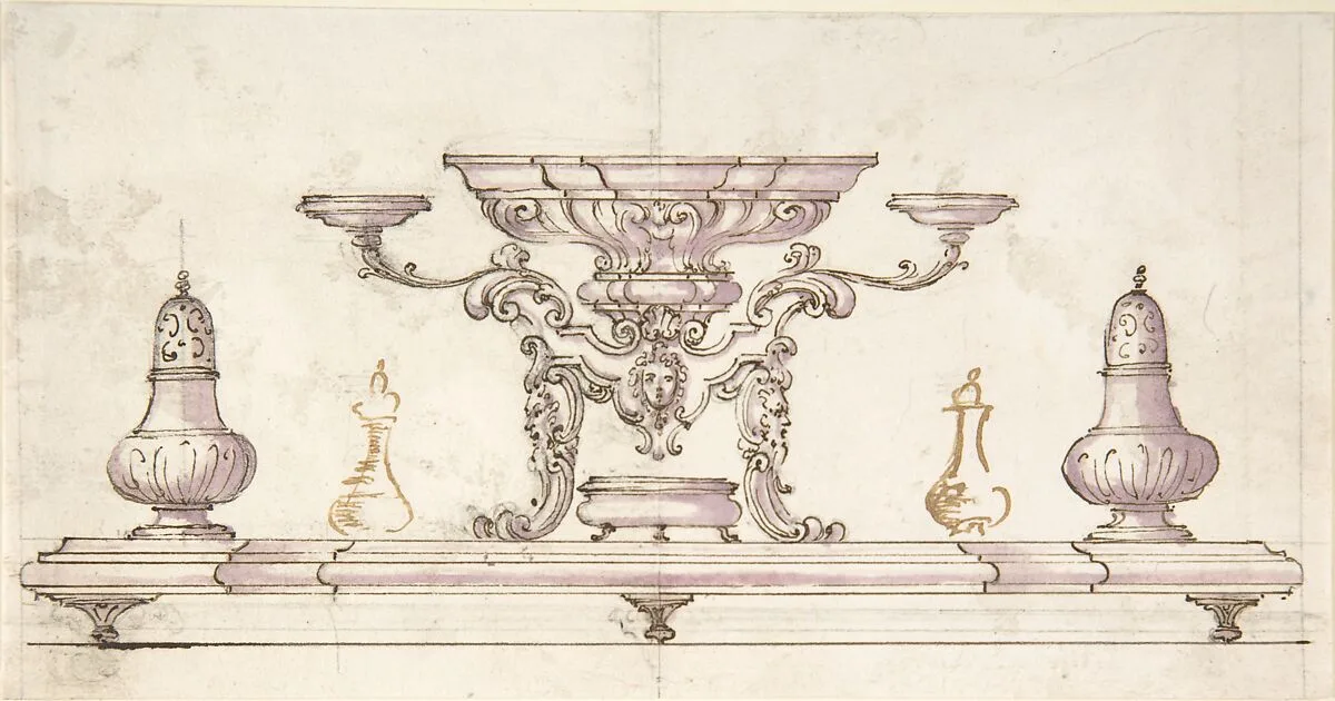 Drawing for Centerpiece and Salt Cellars — Anonymous, Italian, Bolognese 18th century artist