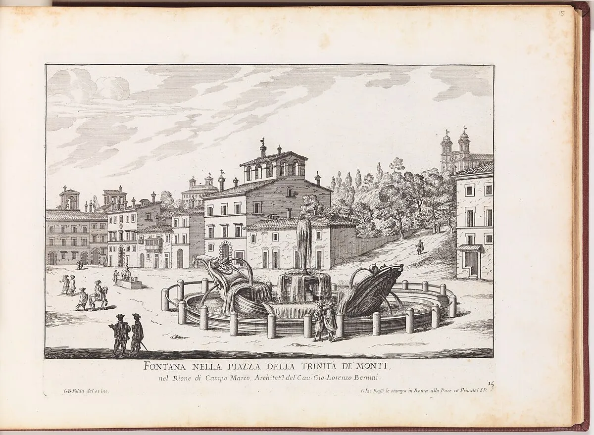 Fontana nella Piazza della Trinita de Monti (...), from "La Fontane di Roma nelle Piazze e Luoghi Publici (...)" — Giovanni Battista Falda|Giovanni Giacomo De Rossi