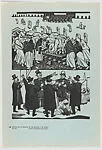Plate 14: 8 January 1907, the day after the textile workers' strike in Rio Blanco, in the upper section the slaughtered workers carried off in a cart, in the lower section President Porfirio Díaz being toasted by his supporters, a worker beneath them cradling her colleague, from the portfolio 'Estampas de la revolución Mexicana' (prints of the Mexican Revolution) — Taller de Gráfica Popular|Fernando Castro Pacheco