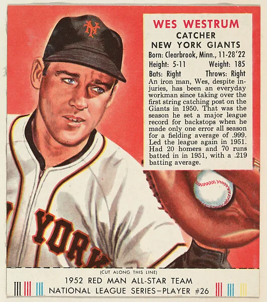Wes Westrum, from the Red Man All-Star Team series (T232), issued by Red Man Chewing Tobacco — Red Man Chewing Tobacco