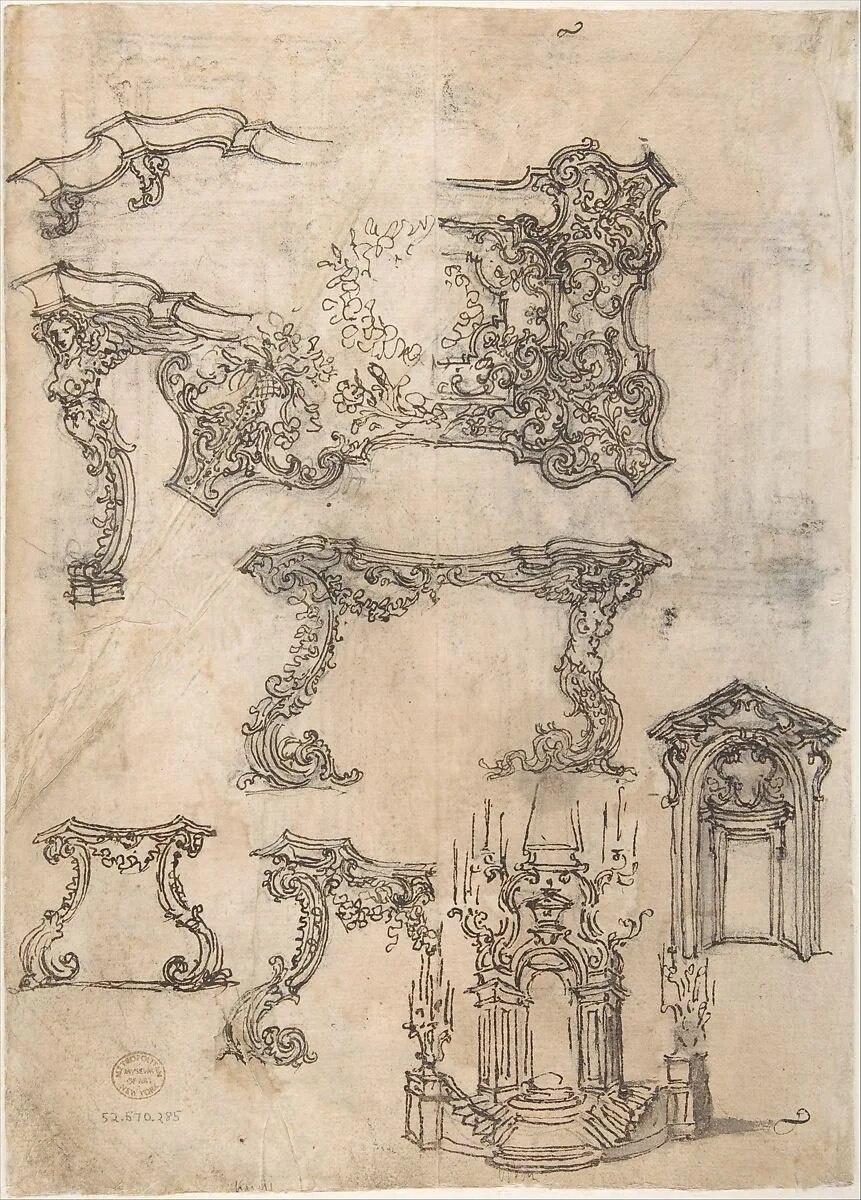 Sheet with Various Designs for Tables and a Funerary Monument — Giovanni Battista Foggini