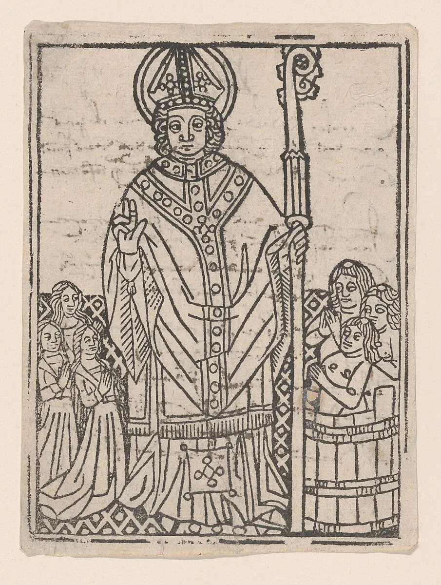 Saint Nicholas of Myra flanked by praying figures — Anonymous, Italian, 15th century