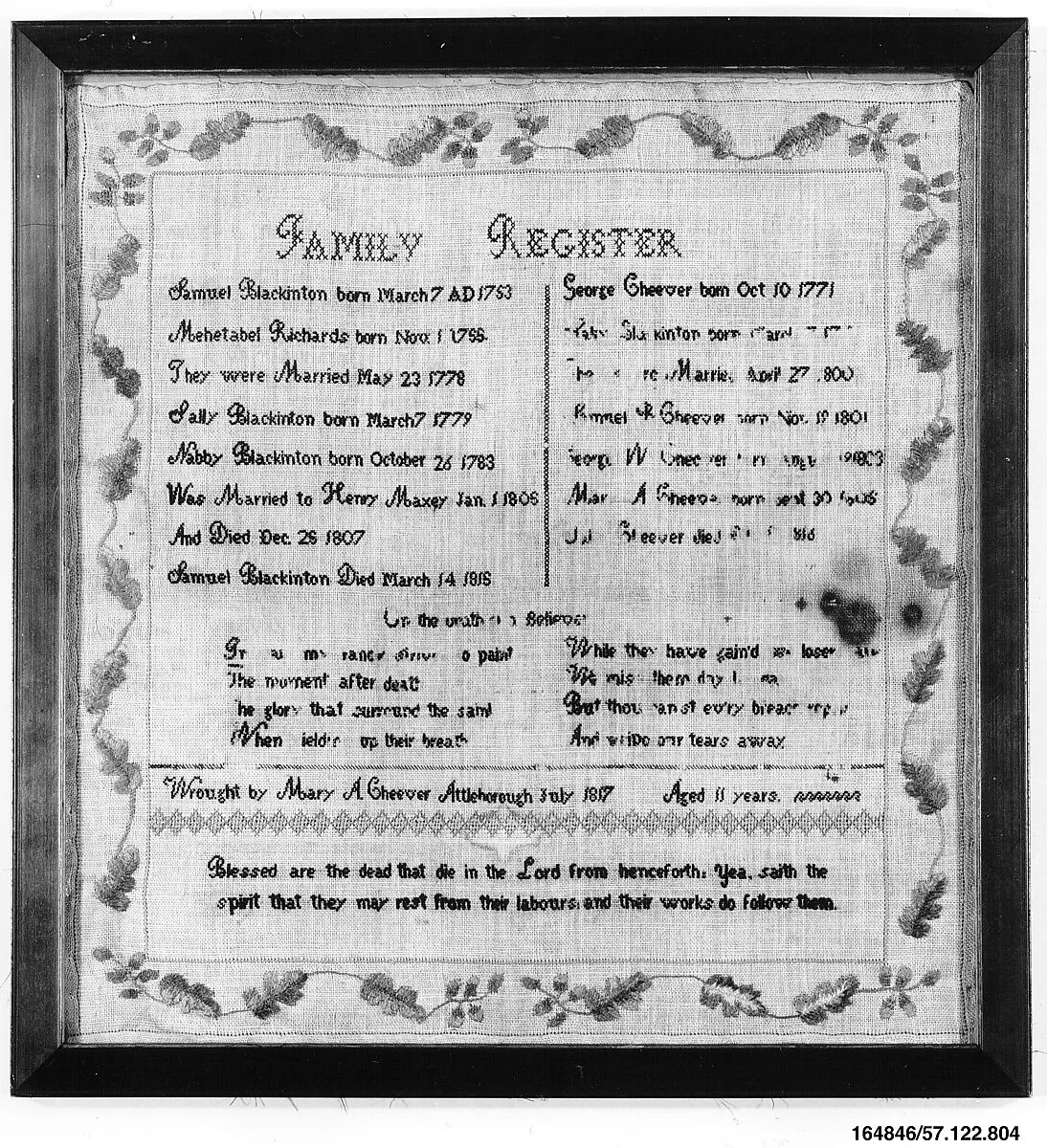 Embroidered sampler — Mary A. Cheever