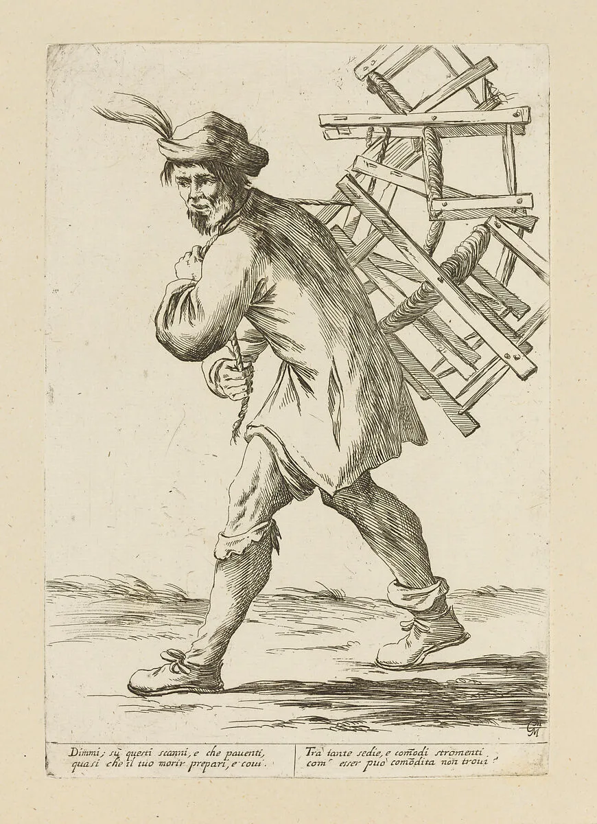 Vendor of Chairs, from Di Bologna l'Arti per via D'An.ibal' Ca.rac, plate 6 — Giuseppe Maria Mitelli|Annibale Carracci|Giovanni Giacomo De Rossi
