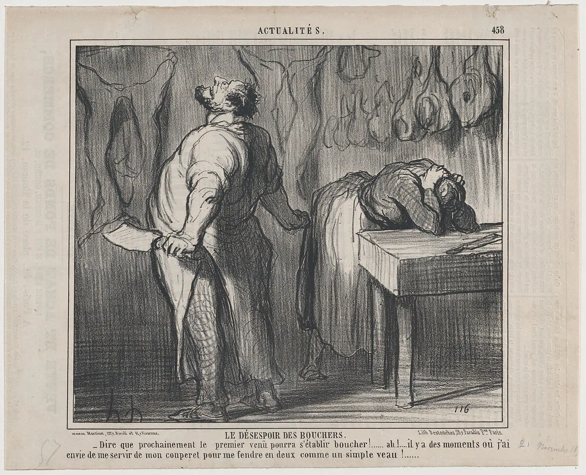 Le Désespoir des Bouchers, from Actualités, published in Le Charivari, November 21, 1857 — Aaron Martinet|Honoré Daumier|Destouches