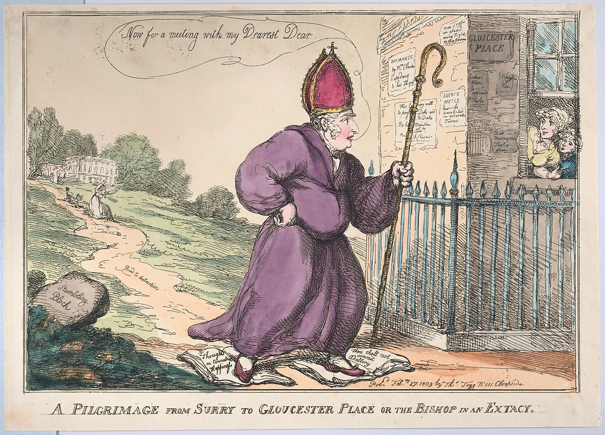A Pilgrimage from Surry to Gloucester Place or the Bishop is an Extacty — Prince Frederick Augustus, Duke of York and Albany|Mary Anne Clarke|Thomas Tegg|Thomas Rowlandson