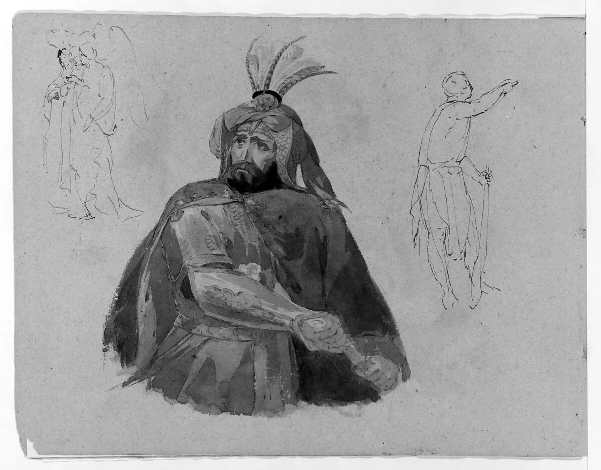 Half-length Bearded Man in Armor and Cape, Drawing Sword (Macbeth?); Three Standing Angels (or Witches?); Male Figure in Skins (from Sketchbook) — Thomas Sully