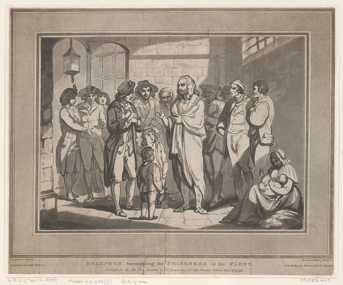 Melopoyn haranguing the Prisoners in the Fleet — Henry Singleton|Rudolph Ackermann, London|Thomas Rowlandson|Joseph Constantine Stadler