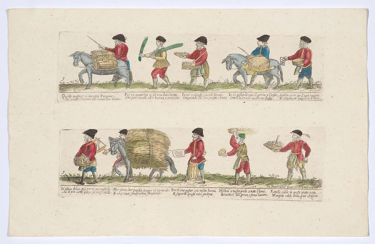 Plate 9 depicting the trades of Rome, here including vendors of water, sardines, melons etc, from the 'Descrición de las artes que se llaman para los calles de la ciudad de Roma' — Giovanni Ambrogio Brambilla|Remondini