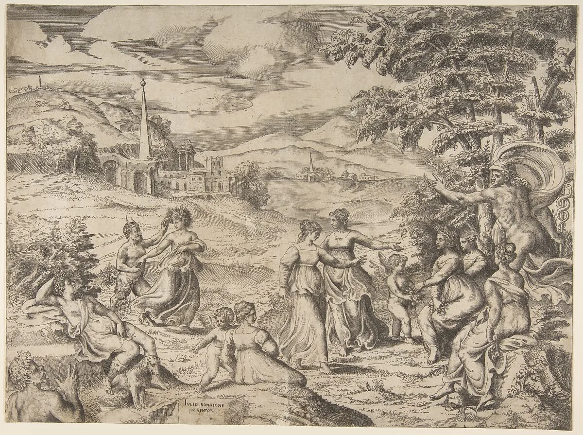 Mercury at the right telling the story of Pan and Syrinx — Giulio Bonasone
