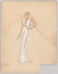 Drawing for a woman's theatrical costume with a white gown, jeweled brooch and bracelets — Vincente Minnelli