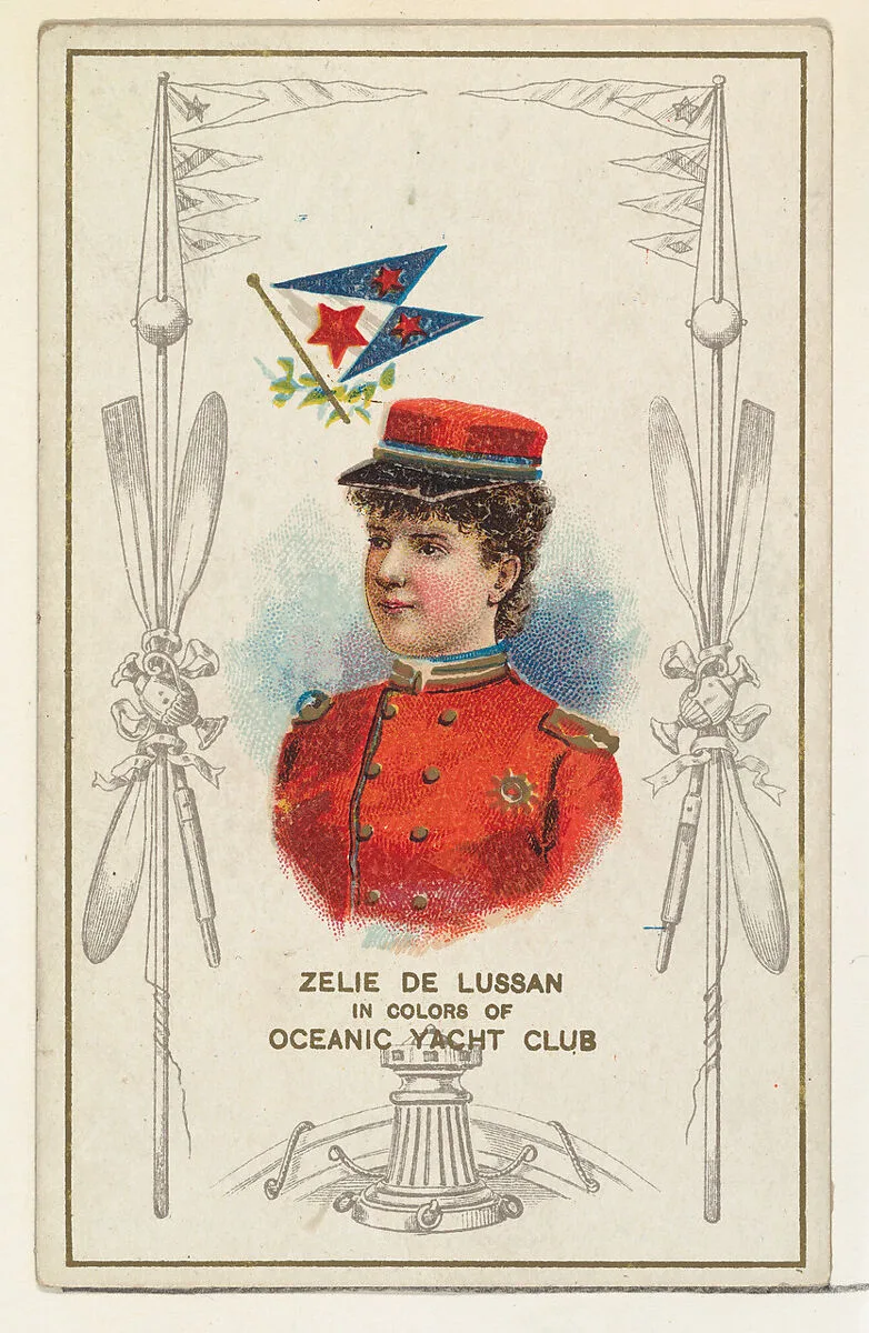 Zelie de Lussan in Colors of Oceanic Yacht Club, from the Yacht Colors of the World series (N140) issued by Duke Sons & Co. to promote Honest Long Cut Tobacco — W. Duke, Sons & Co.