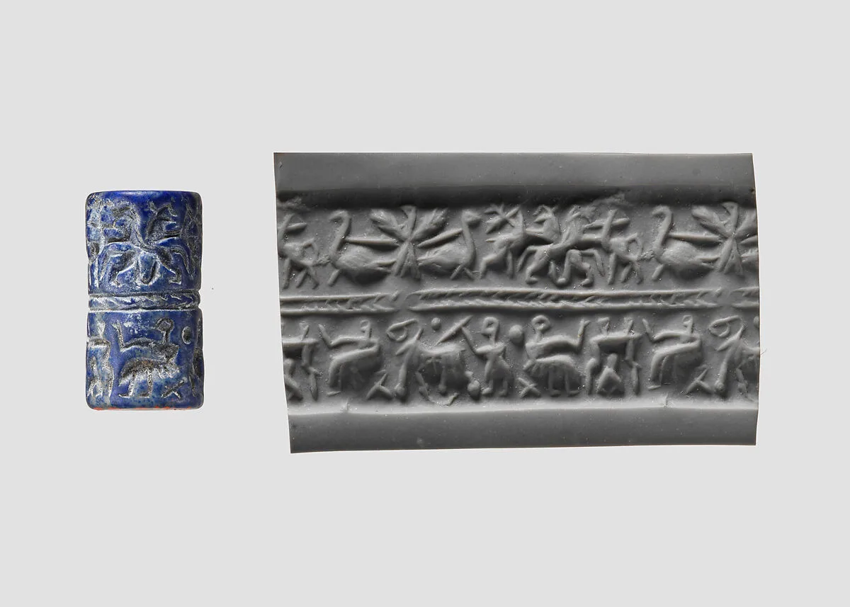 Cylinder seal with animal contest and banquet scene — Unknown
