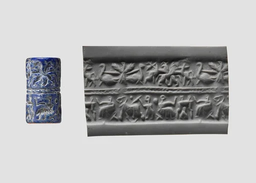 Cylinder seal with animal contest and banquet scene