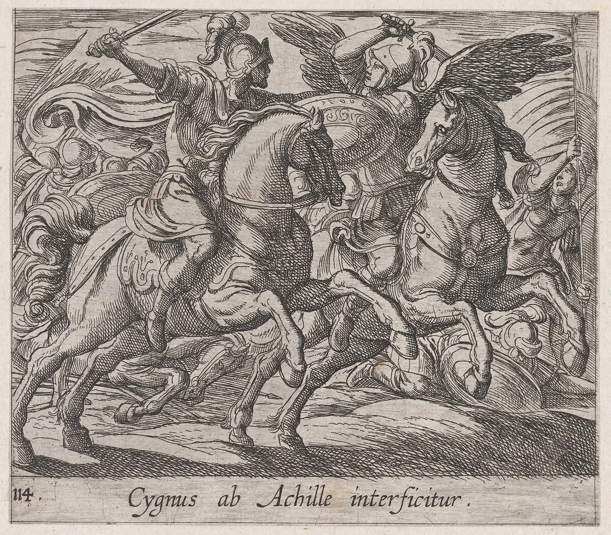 Plate 114: Achilles Battling Cygnus (Cygnus ab Achille interficitur), from Ovid's 'Metamorphoses' — Antonio Tempesta