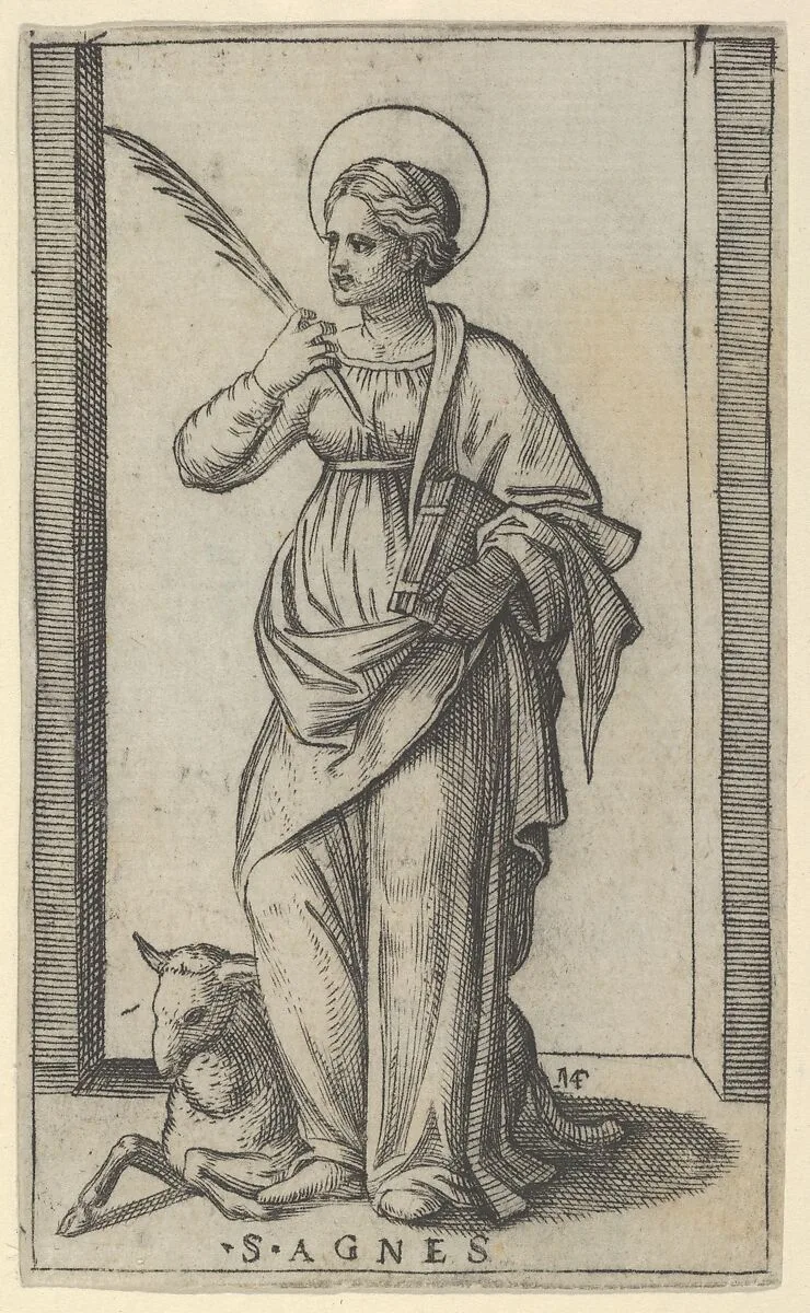 Saint Agnes standing a holding a palm in her right hand, a sheep lower left, from "Piccoli Santi" (Small Saints) — Marcantonio Raimondi