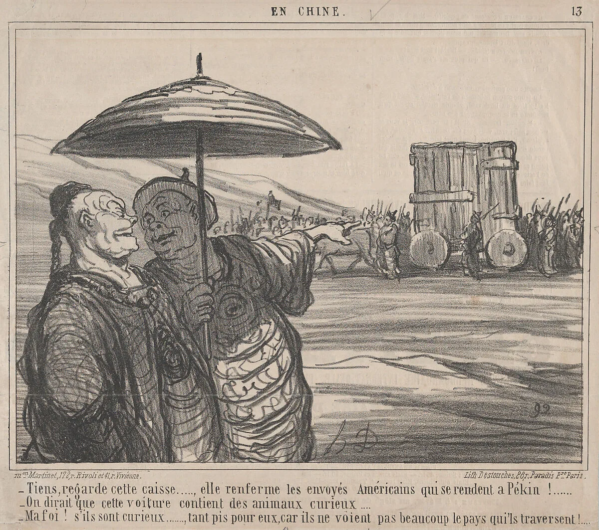 Tiens, regarde cette caisse...., elle renferme les envoyés Américains qui se rendent a Pékin!...., from En Chine, published in Le Charivari, October 4, 1859 — Destouches|Aaron Martinet|Honoré Daumier