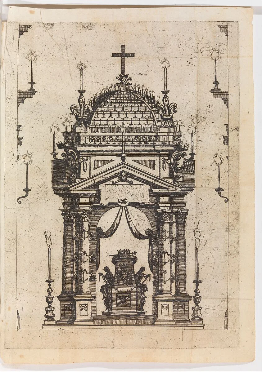 Catafulque for Fernando I, Duke of Tuscany, from Descritione dell'Esequie fatte in Roma dalla Natione Fiorentina al Serenissimo Ferdinando III Gran Duca di Toscana Il dì 22 di Giugno 1609 — Giacomo Mascardi|Bernardo Giunti, Giovanni Battista Ciotti & Compagni