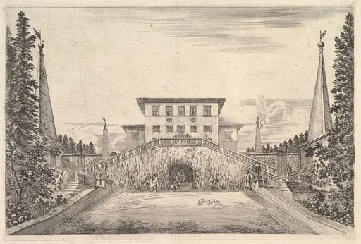 The villa at center flanked by four obelisks, a staircase to either side, a statue in a niche in center of staircases, various figures and dogs below, from 'Views of the villa at Pratolino' (Vues de la villa de Pratolino)
