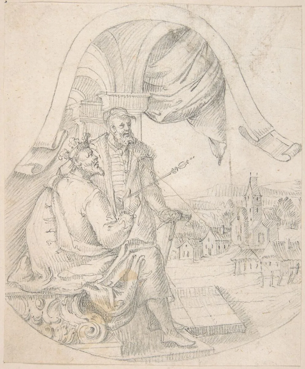 Design for an Illustration: King and Courtier against a Landscape — Anonymous, German, 19th century