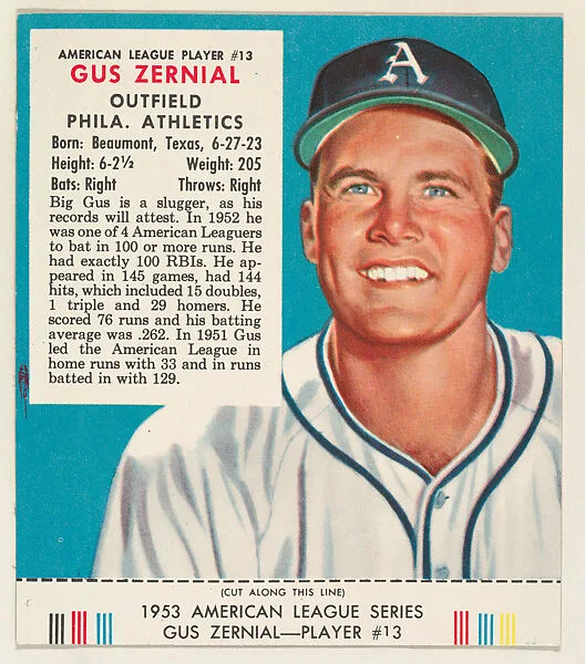 Gus Zernial, from the Red Man All-Star Team series (T233), issued by Red Man Chewing Tobacco — Red Man Chewing Tobacco