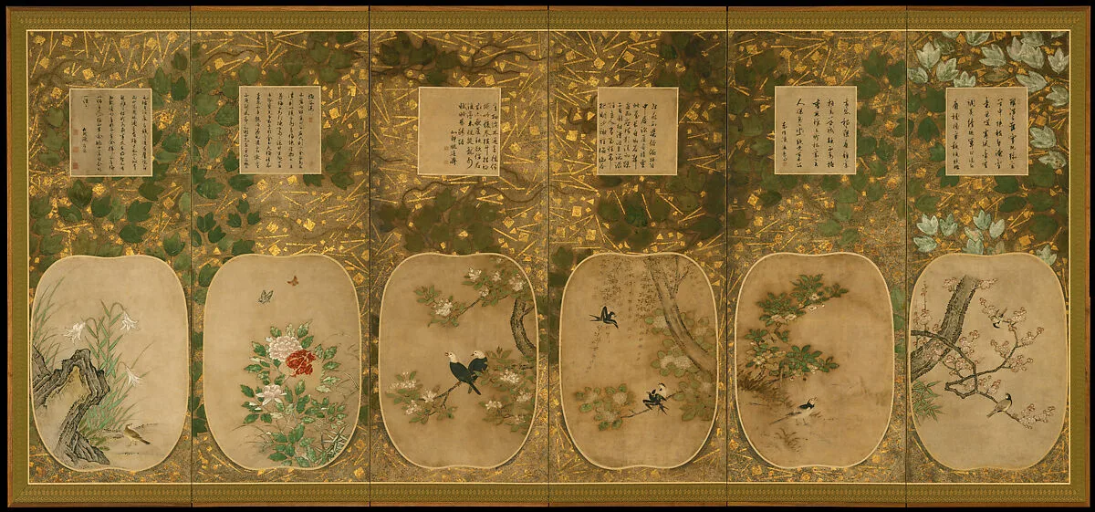 十二ヶ月花鳥図書画挿絵貼屏風|Birds and Flowers of the Twelve Months with Chinese Calligraphy — Kano School