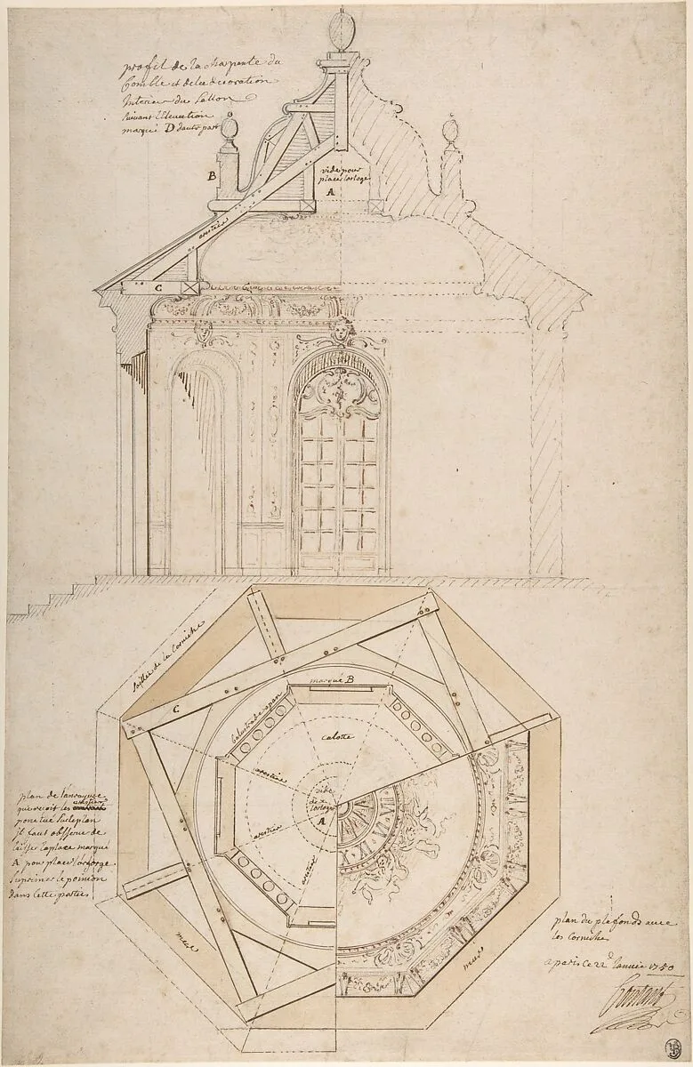 Plan of the Roof and Section of a Pavilion in the Gardens of the Château de Saint-Cloud (recto); Study for the Exterior with Partial Plan of the Pavilion (verso) — Pierre Contant d'Ivry