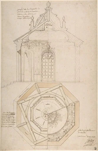Plan of the Roof and Section of a Pavilion in the Gardens of the Château de Saint-Cloud (recto); Study for the Exterior with Partial Plan of the Pavilion (verso)