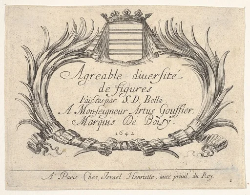 Plate 1: Two palms and a coat of arms frame the title and dedication, title page for 'Various Figures' (Agréable diversité de figures)