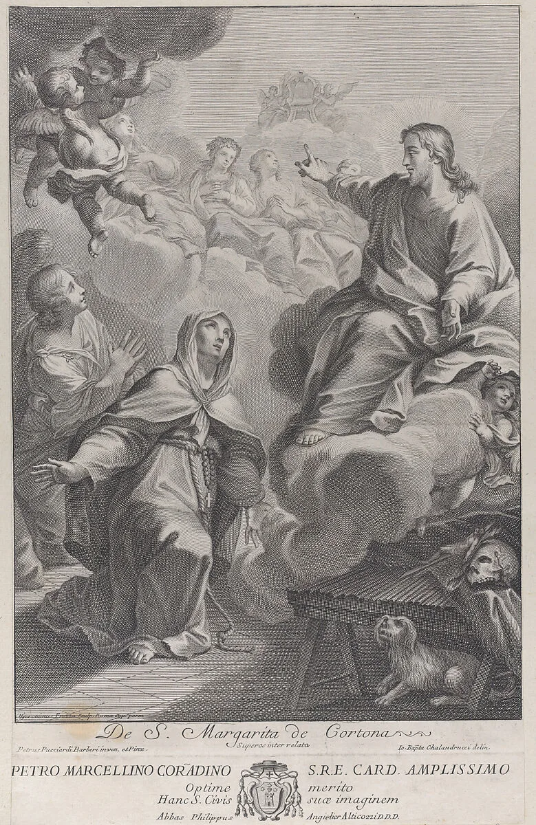 Saint Margarita of Cortona, kneeling before Christ, after Pietro Andrea Pucciardi Barberi — Giovanni Battista Calandrucci|Giovanni Girolamo Frezza|Pietro Andrea Pucciardi Barberi
